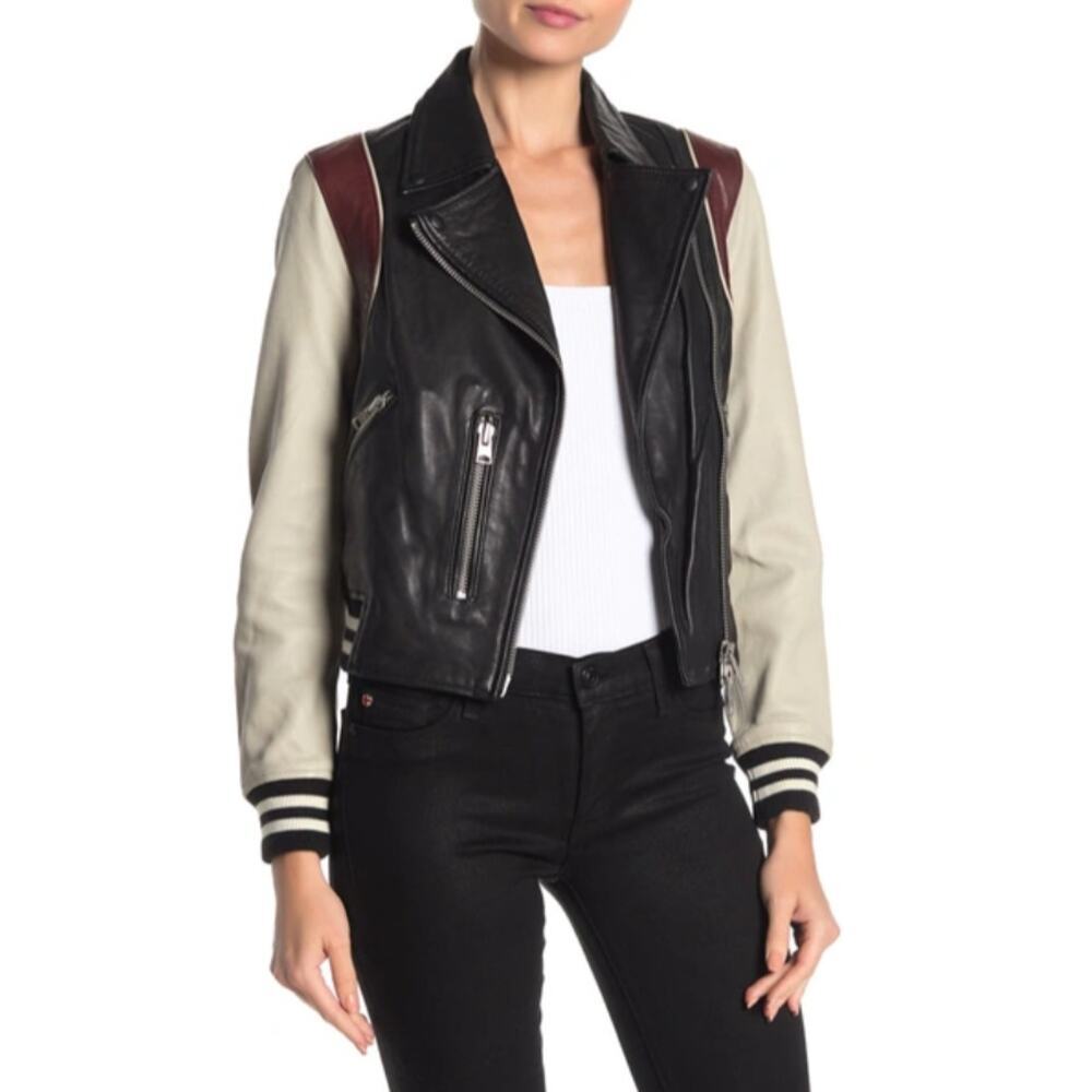 ALL SAINTS Panel Baseball Balfern Lambskin Leather Edgy Jacket Black Chalk 4